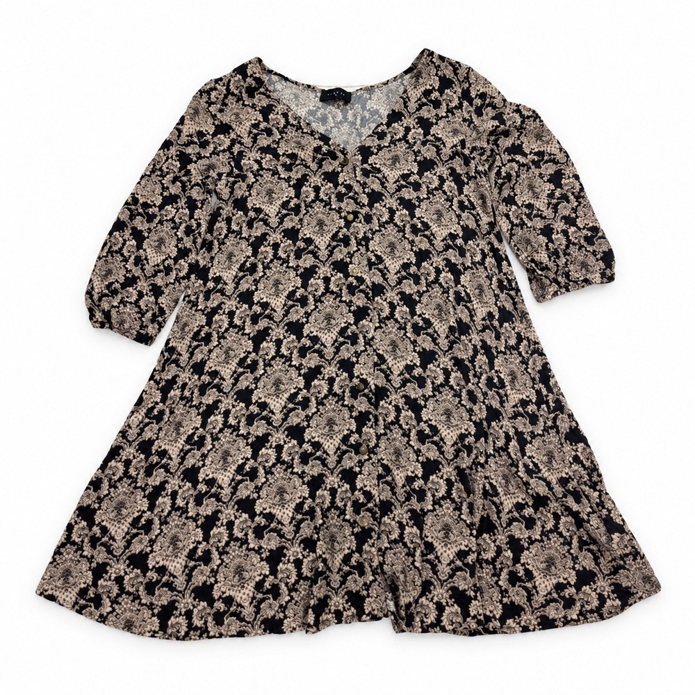 Everly Black Tan Damask Rayon Button Front Mini Dress Small